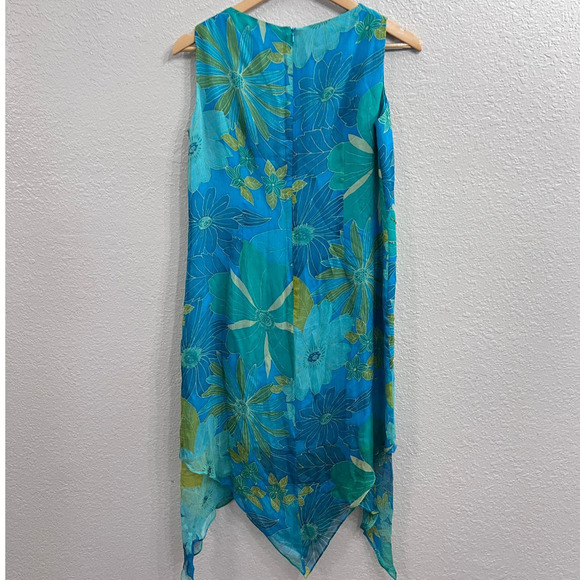 VINTAGE MAGGY LONDON TEAL BLUE FLORAL SLEEVELESS ASYMMETRICAL LAYERED DRESS 12 - Picture 7 of 10